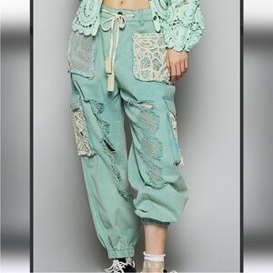 POL Mint Green Distressed Cargo Pants with Lace Accents Small